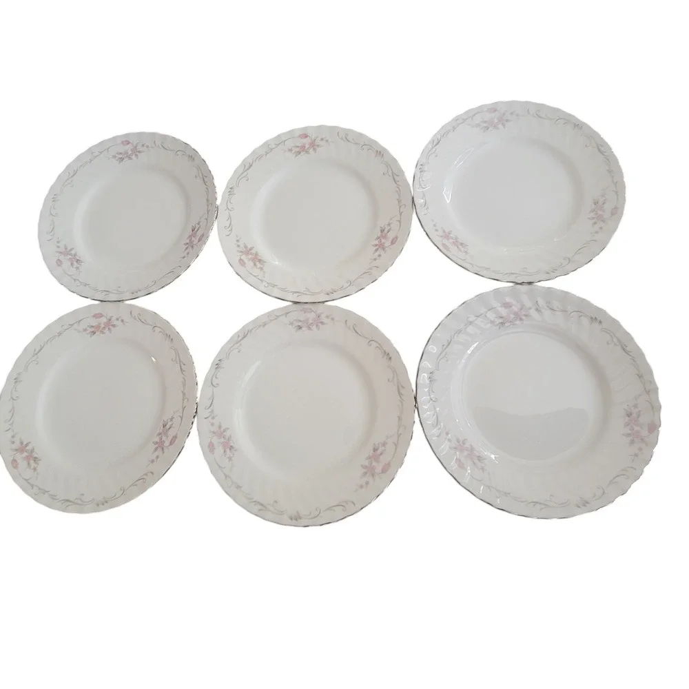 MCM Gold Standard Dessert Plates White Pink Floral‎ Silver Trim Japan Vtg Set 6